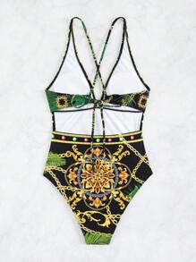 錬條圖案深V連體泳衣 - 彩色 - 查看 6