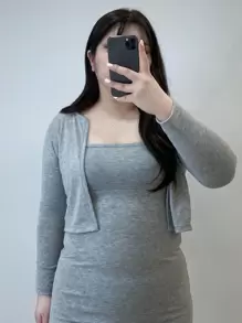 Dazy Petite Plus Solid Dress & Open Front Jacket