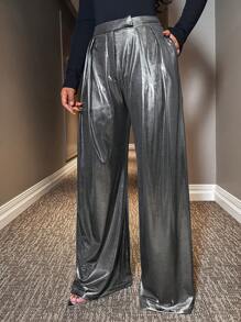 RueChic High Waist Wide Leg Pants - Dark Grey - View 1