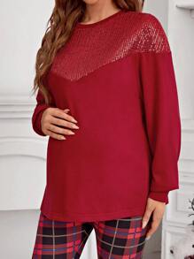 SHEIN Maternity Contrast Sequin Drop Shoulder Sweatshirt, For Winter - Burgundy - View 6