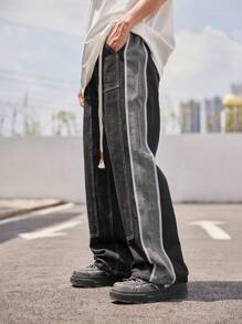 INFLATION Quần Jeans Nam Dây kéo Túi Sọc bên Khối Màu - màu đen - Xem 1