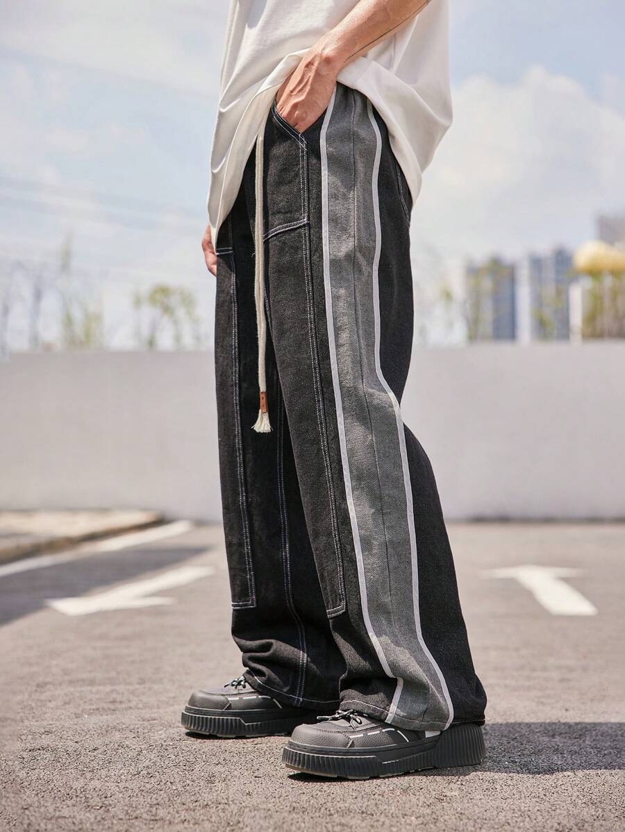 INFLATION Quần Jeans Nam Dây kéo Túi Sọc bên Khối Màu - màu đen - Xem 1