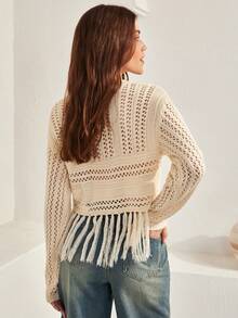 Bohemela Fringe Hem Pointelle Knit Sweater - Apricot - View 2