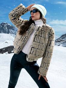 SHEIN LUNE Allover Print Open Front Fuzzy Coat Fall Cloth For Women - Light Grey - View 1
