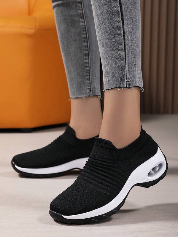 Women's Casual Slip-on Air Cushion Running Shoes, Solid Color Breathable Sneakers