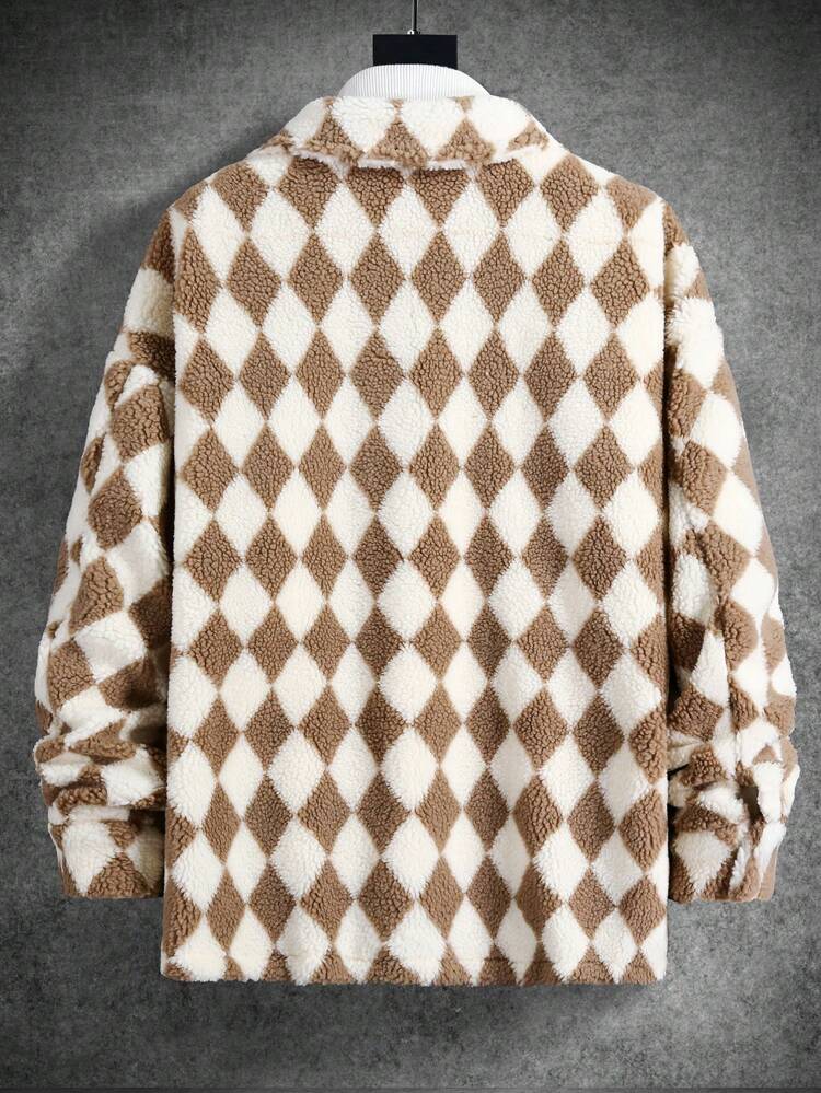 Loose Men's Argyle Pattern Teddy Coat With Flap Pockets