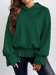 Celure 加大码荷叶边袖口荷叶边下摆卫衣 - 墨綠色 - 查看 1