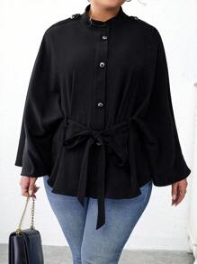 Calvaya Plus Batwing Sleeve Belted Cape Coat - Dark Grey - View 3