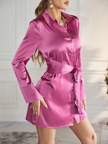 SHEIN Privé 素色側打結緞面襯衫洋裝 - 粉色 - 查看 1