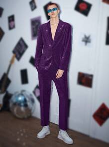 SWAVVY 2pcs Men Glitter Blazer & Pants - Purple - View 4