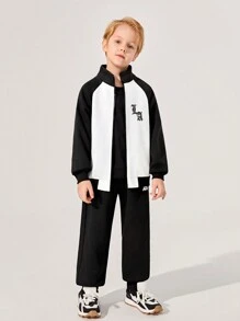 SHEIN Bộ 2 quần áo dệt kim in họa tiết tương phản cổ đứng tay áo có khóa kéo và quần màu trơn cho bé trai tuổi mới lớn, lót nhiệt, dày - màu đen - Xem 7