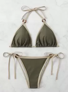 SHEIN Swim Curve Plus對比邊繫頸三角泳衣套裝 - 綠色 - 查看 1