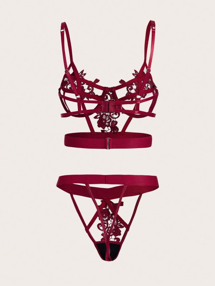 Sexy Hollow Out Water Soluble Lace Lingerie Set With Underwire