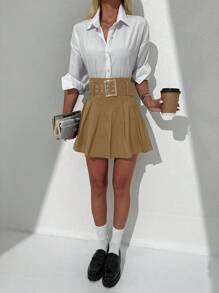 EURMUSE Solid Belted Pleated Skirt - Camel - View 4