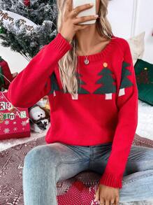 Chiquease Christmas Tree Pattern Drop Shoulder Knit Pullover Fall Winter Sweater - Red - View 3