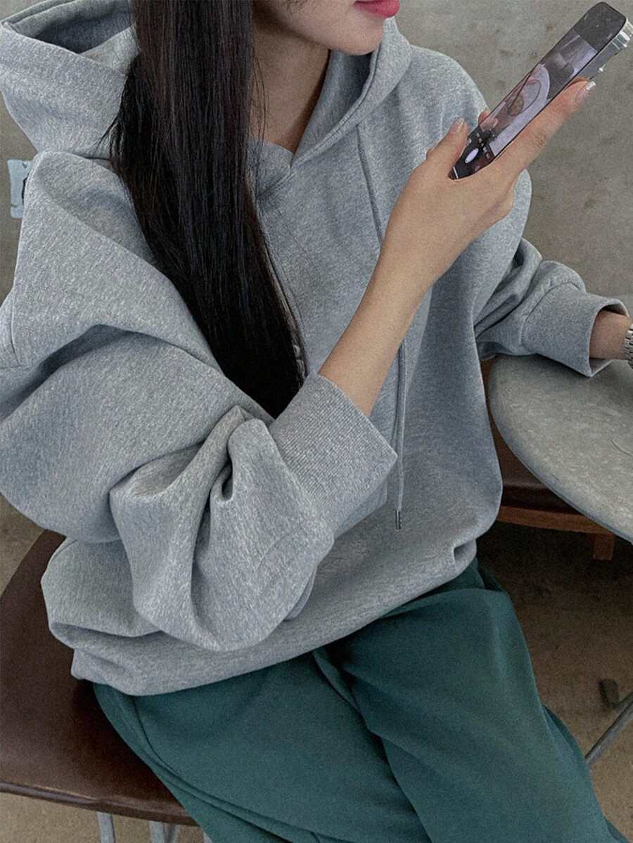 DAZY Chất rắn Thả vai Dây rút Hoodie - Xám - Xem 1