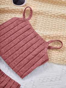 SHEIN Young Girl Open Front Jacket & Flare Leg Pants & Cami Top - Pink - View 3