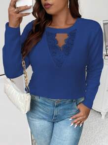 Celure Plus Contrast Lace Keyhole Neckline Sweater - Blue - View 5