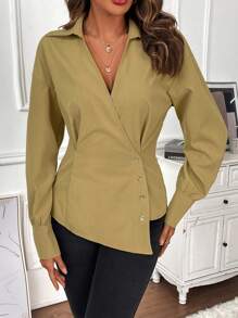 Chiquease Solid Button Front Shirt - Khaki - View 6