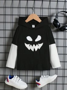 SHEIN Chàng trai trẻ In biểu thức Hai âm áo có mũ Áo thun - Đen và trắng - Xem 1