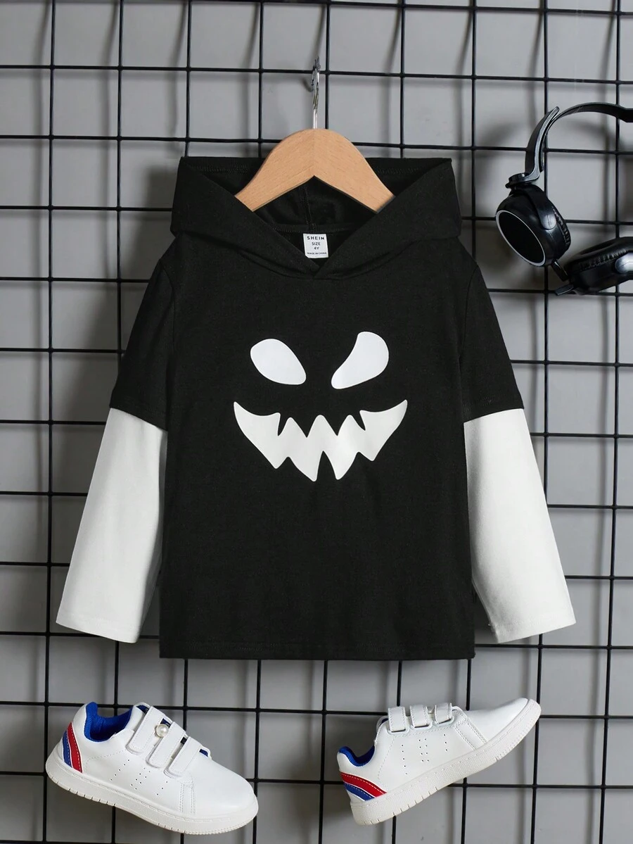 SHEIN Chàng trai trẻ In biểu thức Hai âm áo có mũ Áo thun - Đen và trắng - Xem 1