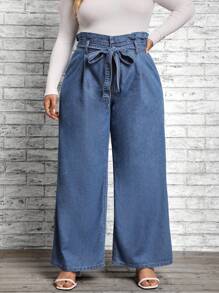 SHEIN LUNE Plus Paperbag Waist Belted Wide Leg Jeans - Medium Wash - View 1