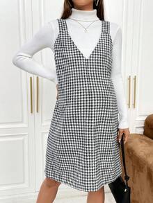 SHEIN Thai sản 1 Miếng In Houndstooth Đầm Tổng thể - Đen và trắng - Xem 3