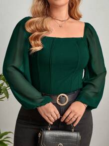 SHEIN Privé Plus Square Neck Lantern Sleeve Top - Dark Green - View 1