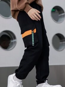 SHEIN Pantaloni cargo casual con vita elastica e vestibilità ampia per ragazzi pre-adolescenti