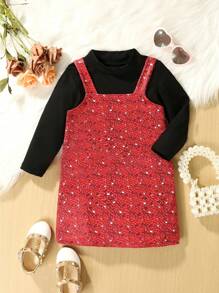Baby Girl Solid Tee & Ditsy Floral Print Cami Dress - Red - View 1