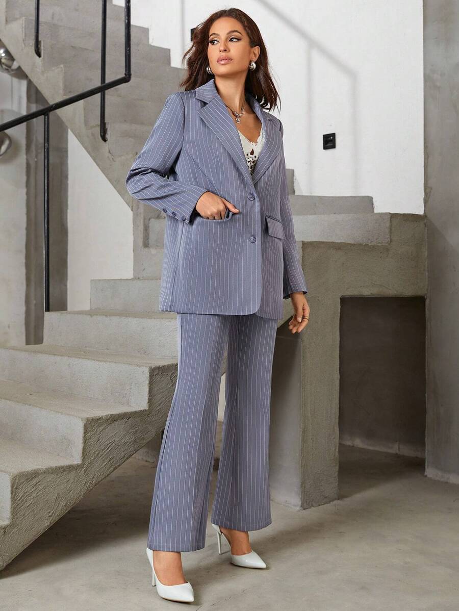 SHEINNeu Striped Print Flap Detail Blazer - Light Grey - View 1