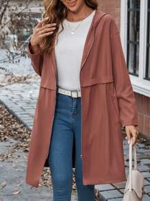 SHEIN LUNE 落肩袖拉鏈開襟連帽外套 - 摩卡棕 - 查看 1