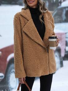 EMERY ROSE Abrigo teddy asimétrico con cremallera - Caqui - Ver 4