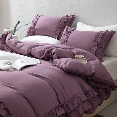 纯紫色乡村风床上用品套装，紫色双人荷叶边被套套装，可选单人、双人、大号、特大号尺寸，波西米亚复古风独特床上用品套装，三件套，超柔软透气轻盈超细纤维被套，1 个拉链被套，2 个枕套，不含被芯，男女通用，适合学生，轻薄透气，春夏卧室装饰