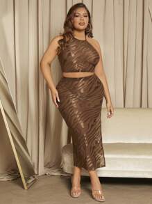 SHEIN SXY Plus Backless Halter Top & Pencil Skirt - Brown - View 1