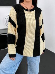 Flirla Plus Two Tone Drop Shoulder Sweater Knit Pullover Fall Winter Sweater - Multicolor - View 4