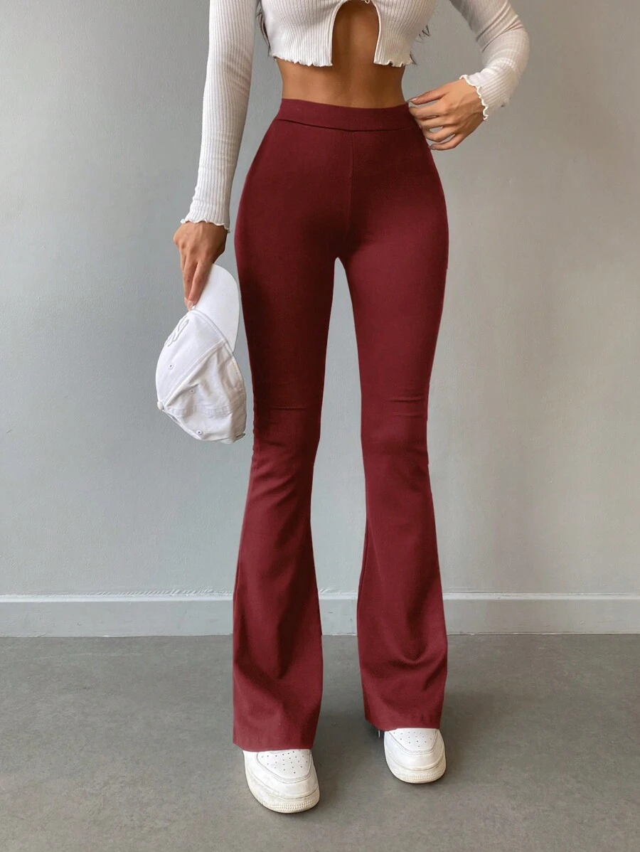 Solid Flare Leg Pants - Red - View 1