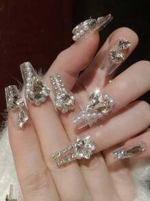 ROMWE Kawaii 24 piezas largo ataúd 3d con diseño de diamante de imitación Uña postiza & 1 pieza lima de uñas & 1 hoja cinta - Plateado - Ver 1