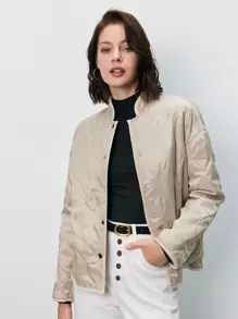 SHEIN Frenchy 落肩袖前紐扣絎縫外套 - 卡其色 - 查看 1