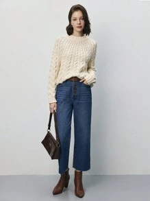 SHEIN Frenchy Solid Cable Knit Raglan Sleeve Sweater Winter Casual - Beige - View 4