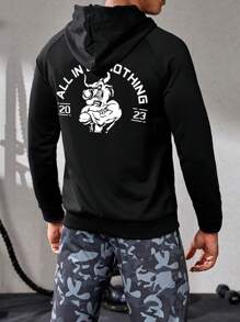 Manfinity Sport Corelite 男士字母图案插肩袖袋鼠口袋抽绳运动卫衣 - 黑色 - 查看 1