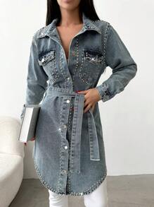 EURMUSE Flap Pocket Belted Denim Coat - Medium Wash - View 1