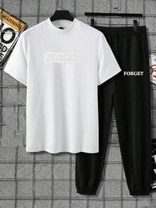 Manfinity Homme 男士純色短袖t恤黑色運動長褲兩件套裝 - 白色 - 查看 4