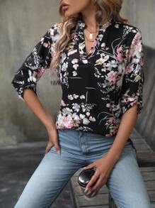 Floral Print Roll Tab Sleeve Curved Hem Blouse - Black - View 3