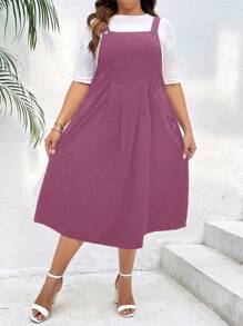 SHEIN LUNE Plus Fold Pleated Overall Dress Without Tee - Burgundy - View 4