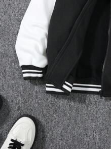 SHEIN 男小童卡通和字母圖案條紋飾邊學院風夾克 - 黑色 - 查看 7