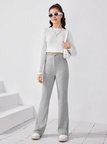 SHEIN 少女针织纯色羊毛皱褶腰部扭结喇叭裤 - 灰色 - 查看 3