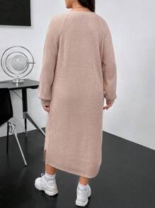 Flirla Plus Raglan Sleeve Button Front Sweater Dress - Camel - View 2