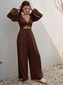 Bohemela 前繫帶燈籠袖闊腿連體褲 - 摩卡棕 - 查看 4