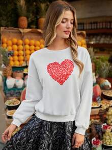 SHEIN Frenchy 愛心圖案落肩袖運動衫 - 白色 - 查看 5